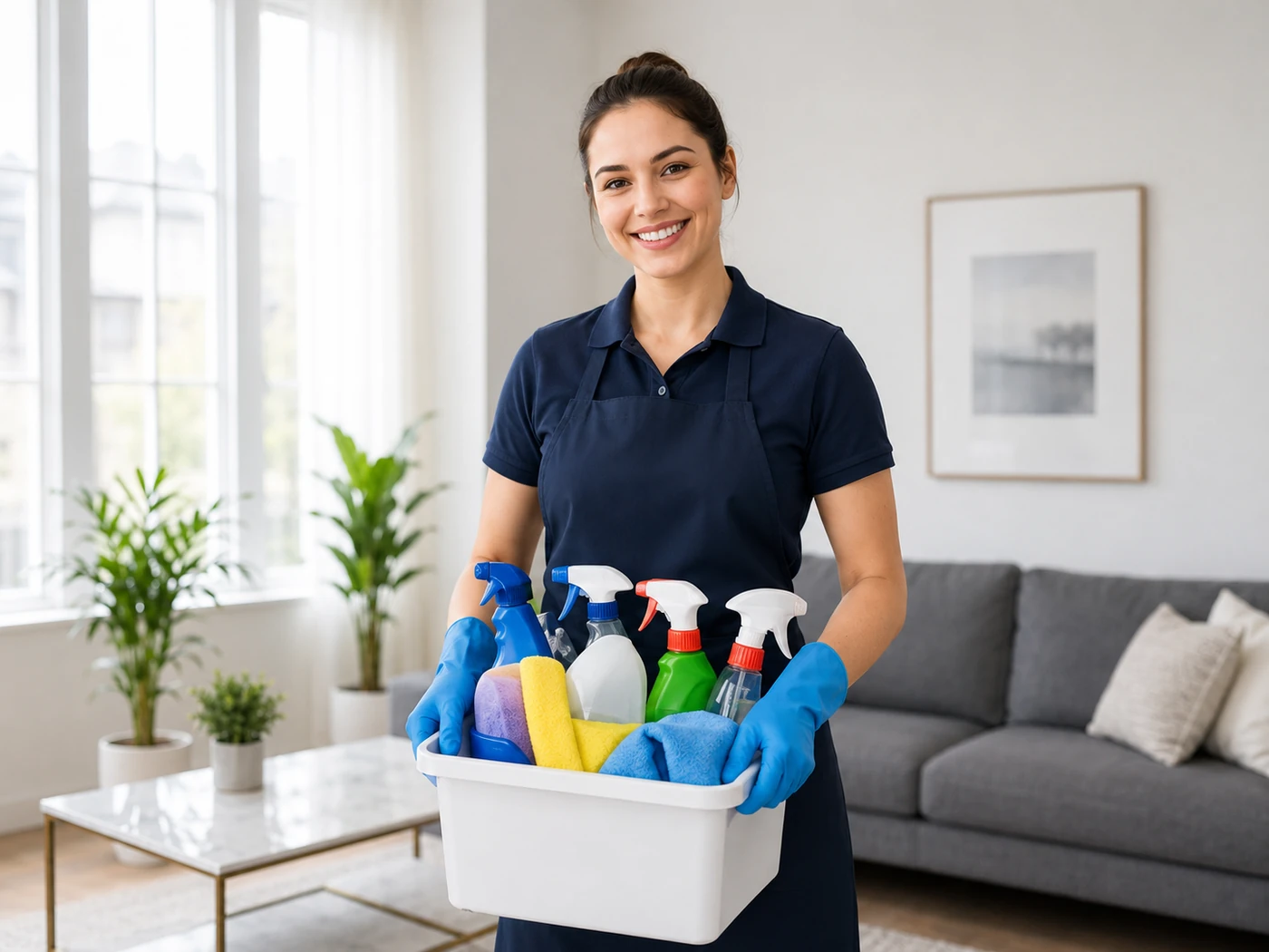 Professional cleaner with neatly arranged cleaning supplies