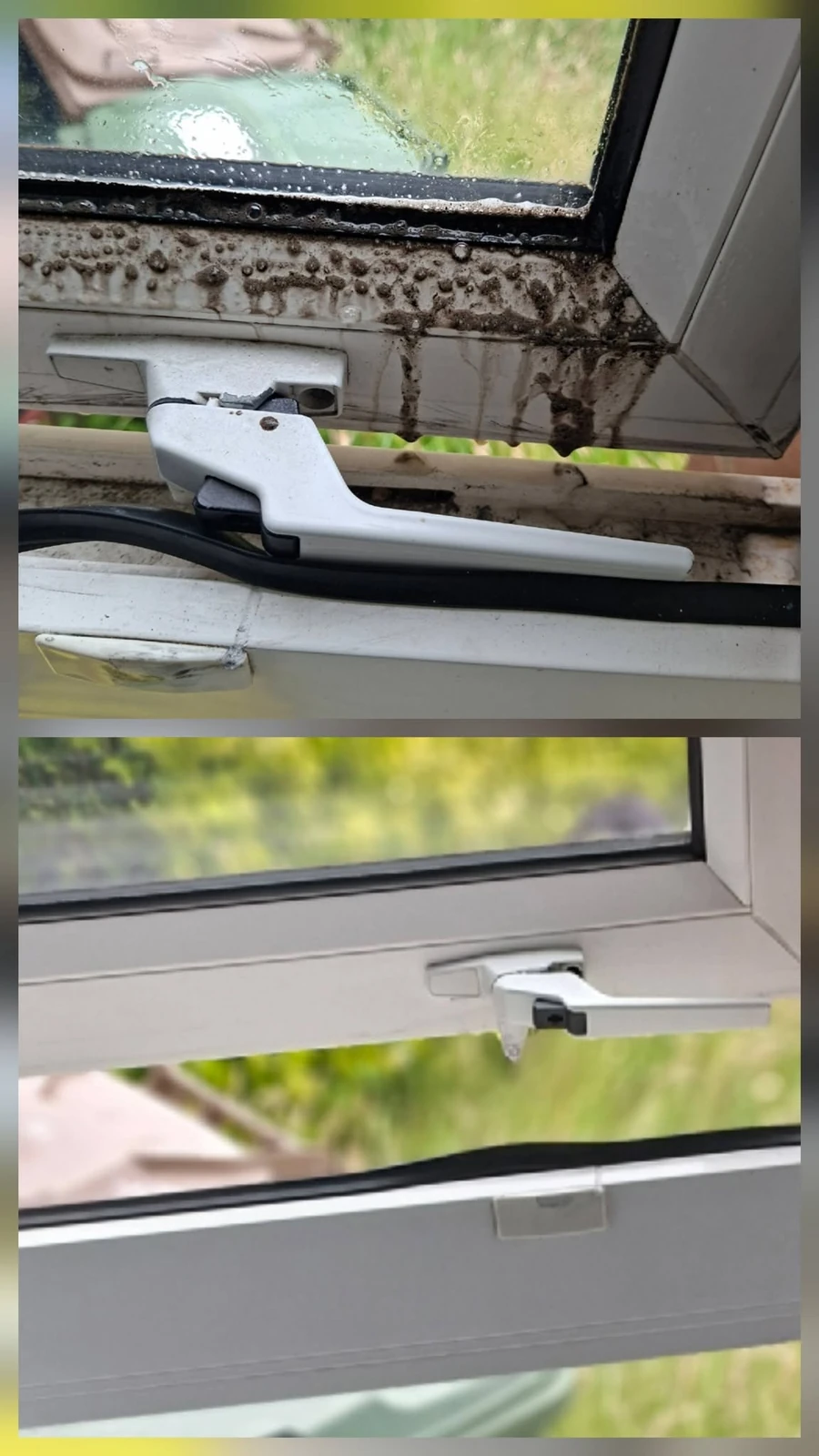 Before-and-after comparison of a cleaned interior window frame